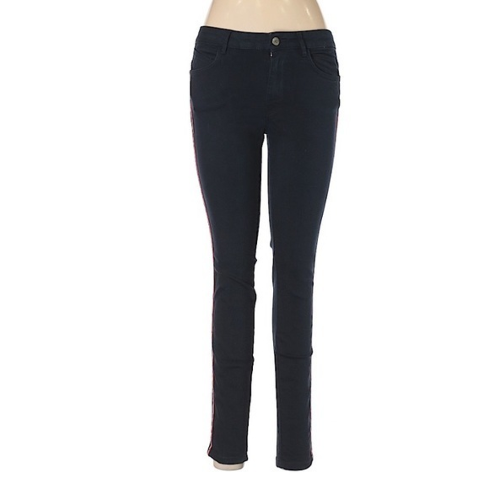 Zara 6 blue red/white leg stripe cotton blend mid waist skinny jeans‎